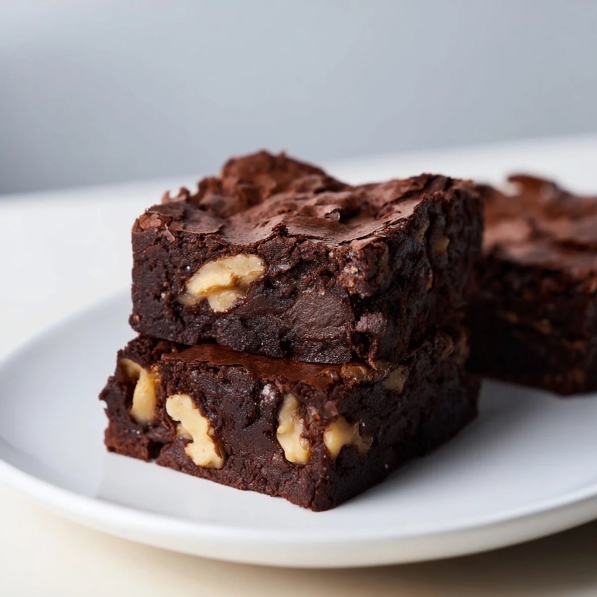 A beautiful square of rich Chocolate Fudge Brownies, studded with nuts, waiting to be served and enjoyed.