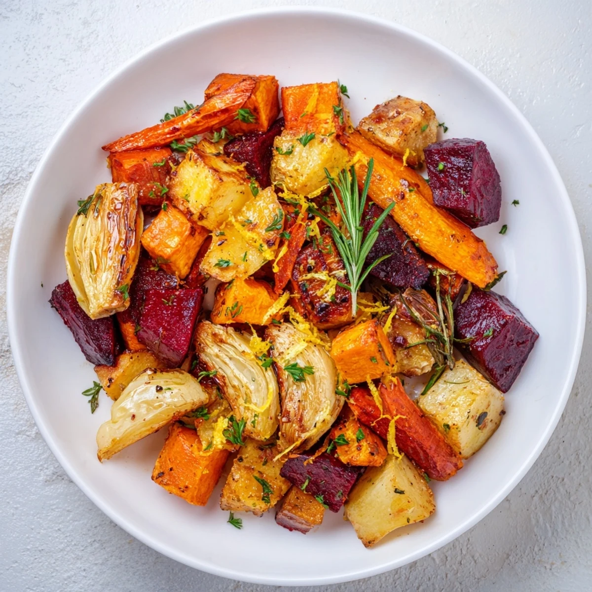 Golden-brown Roasted Root Vegetable Medley with Herbs, showing tender vegetables and fresh, aromatic herbs.