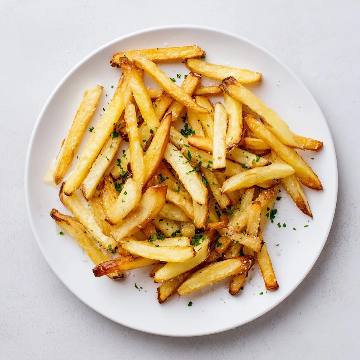 Golden and crispy air fryer French fries sprinkled with sea salt, ready to enjoy as a side.