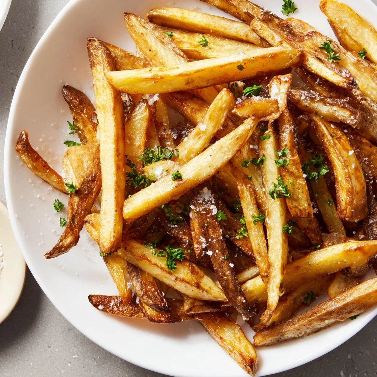 Close-up of perfectly cooked air fryer French fries, seasoned and ready for dipping, a classic favorite.