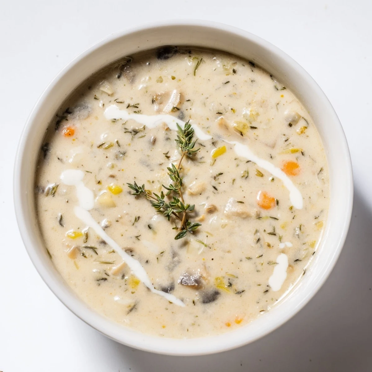 Steaming bowl of creamy mushroom soup with thyme, garnished and ready to enjoy with crusty bread.