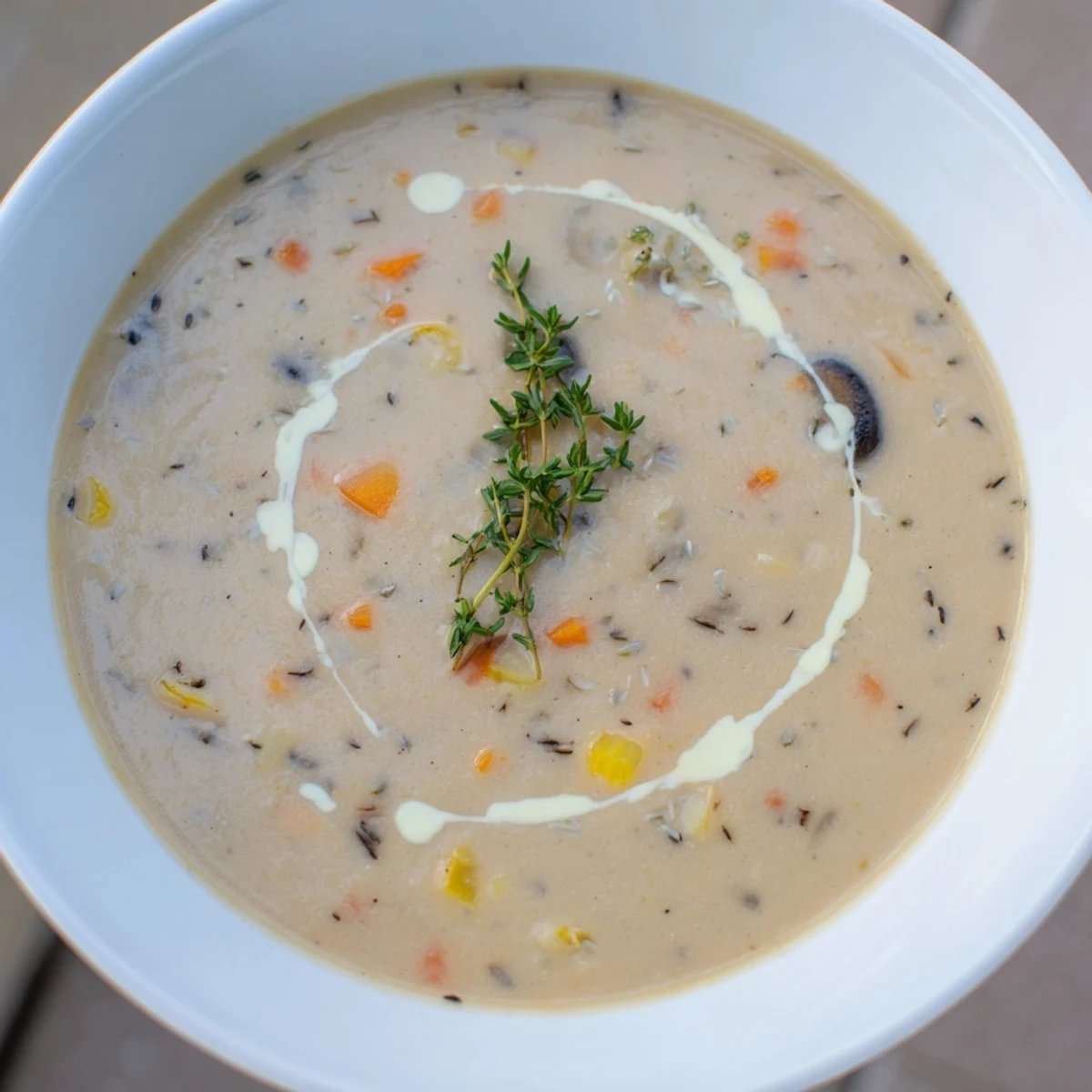 Rich and velvety creamy mushroom soup, infused with fresh thyme, perfect for a comforting dinner.