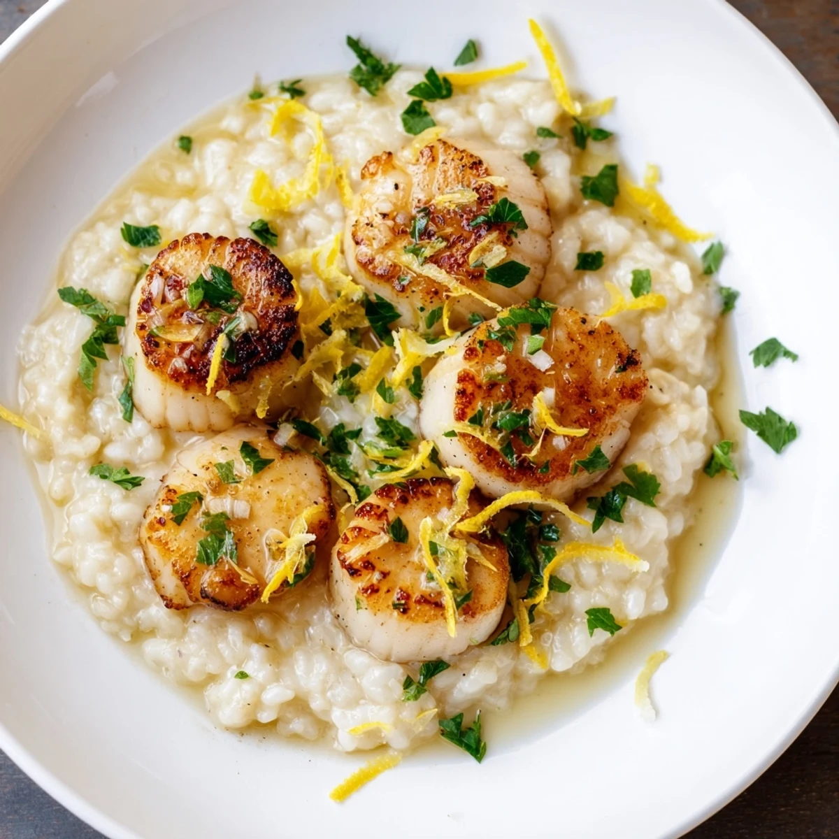 Golden seared Lemon Garlic Scallops atop creamy risotto offer an elegant, restaurant-quality meal.