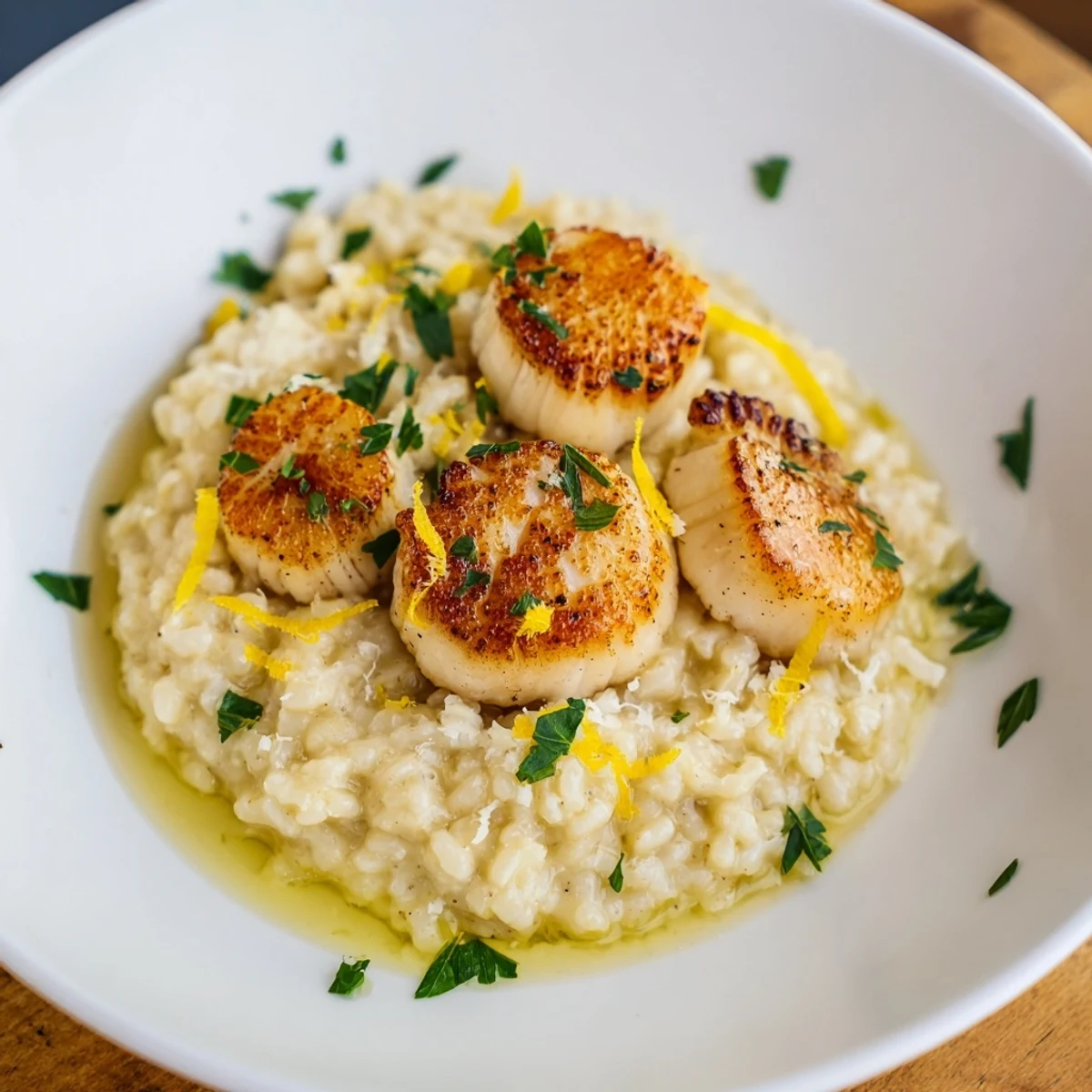A close-up of plated Lemon Garlic Scallops, glistening in lemon butter, alongside a bed of risotto.