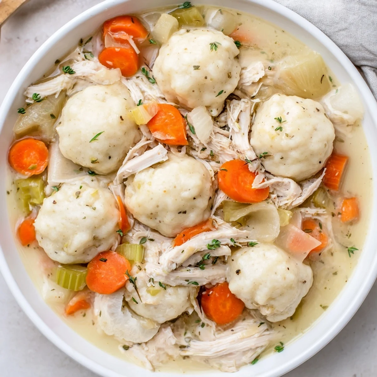 Steaming bowl of Slow Cooker Chicken and Dumplings showcasing fluffy dumplings atop creamy broth.
