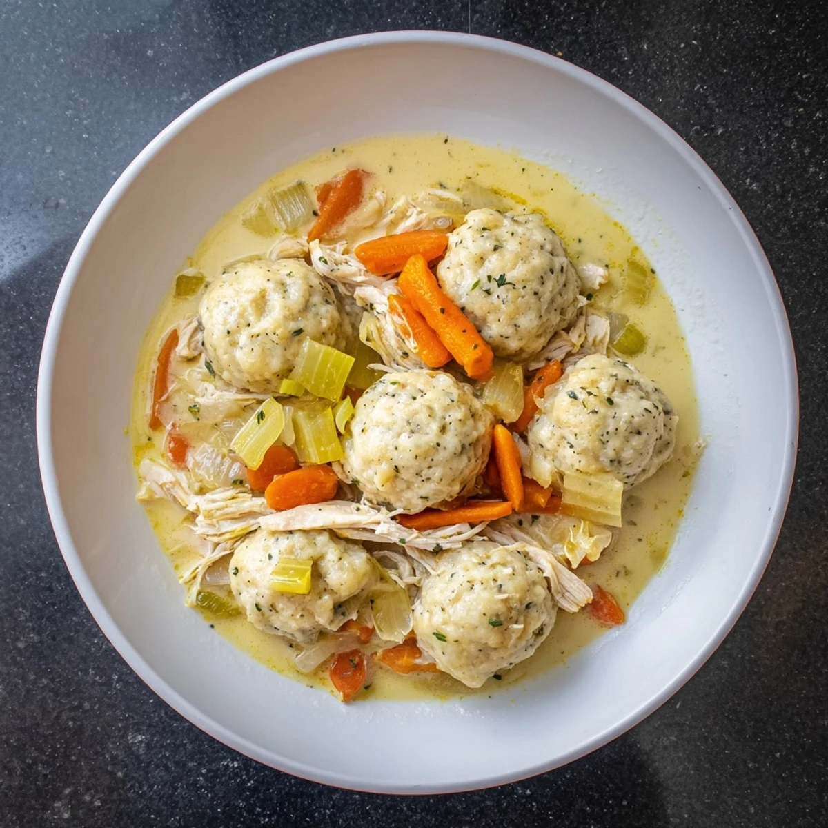 Bright, close-up photo of Slow Cooker Chicken and Dumplings; ready to eat with a sprinkle of parsley.