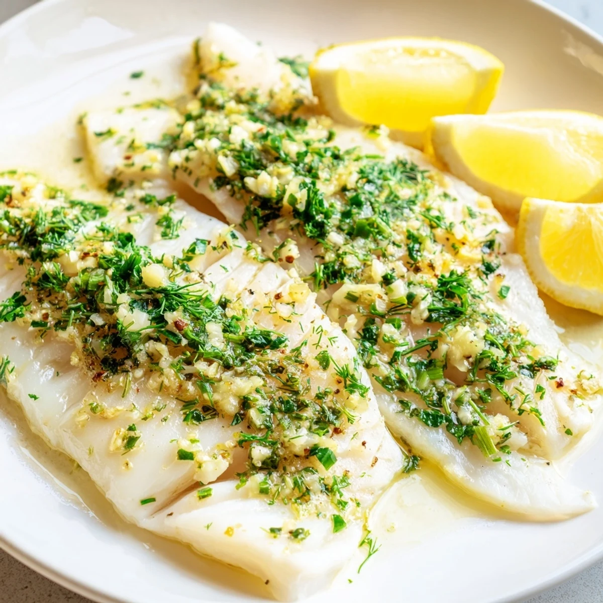 Golden, baked cod fillets, seasoned with fresh herbs and lemon, ready to serve with lemon wedges.