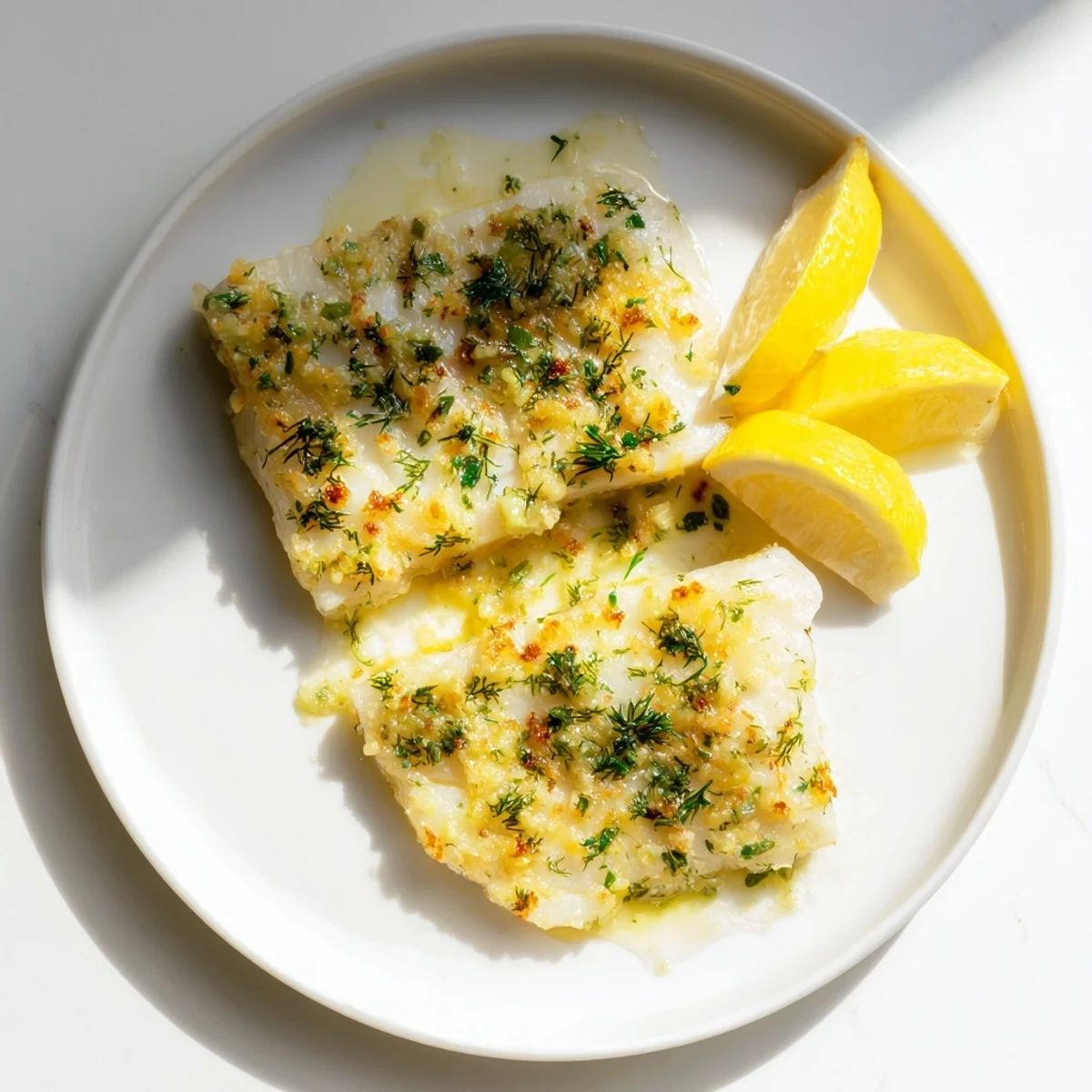 Enjoy a view of Baked Cod with Garlic Butter and Herbs, perfectly cooked and bursting with flavors.