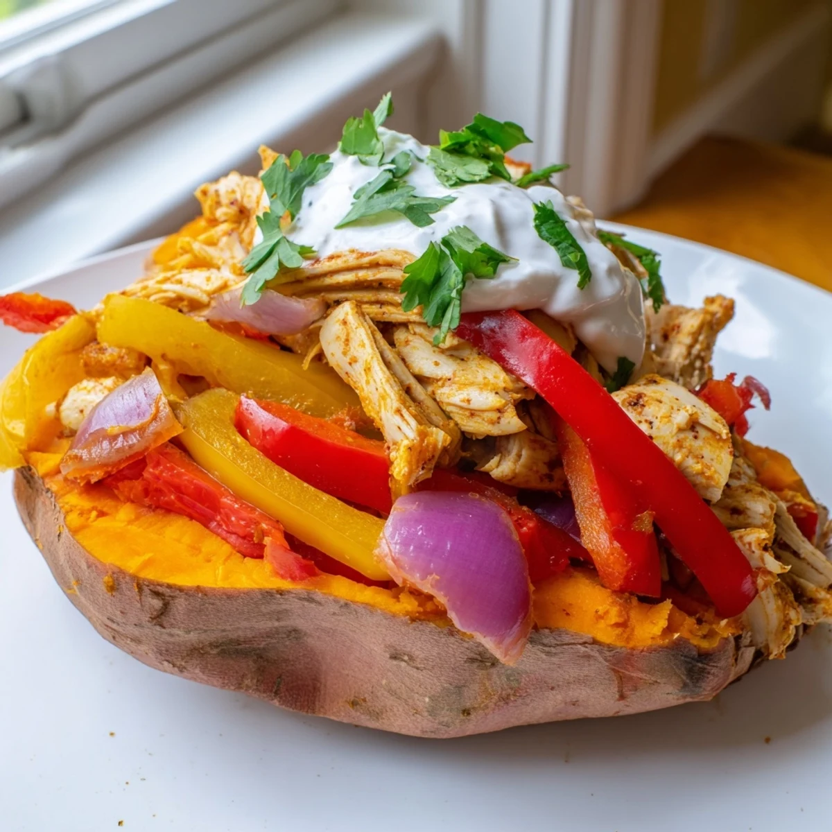 A close-up view of Chicken Fajita Stuffed Sweet Potatoes topped with creamy Greek yogurt, fresh cilantro, and a squeeze of lime.