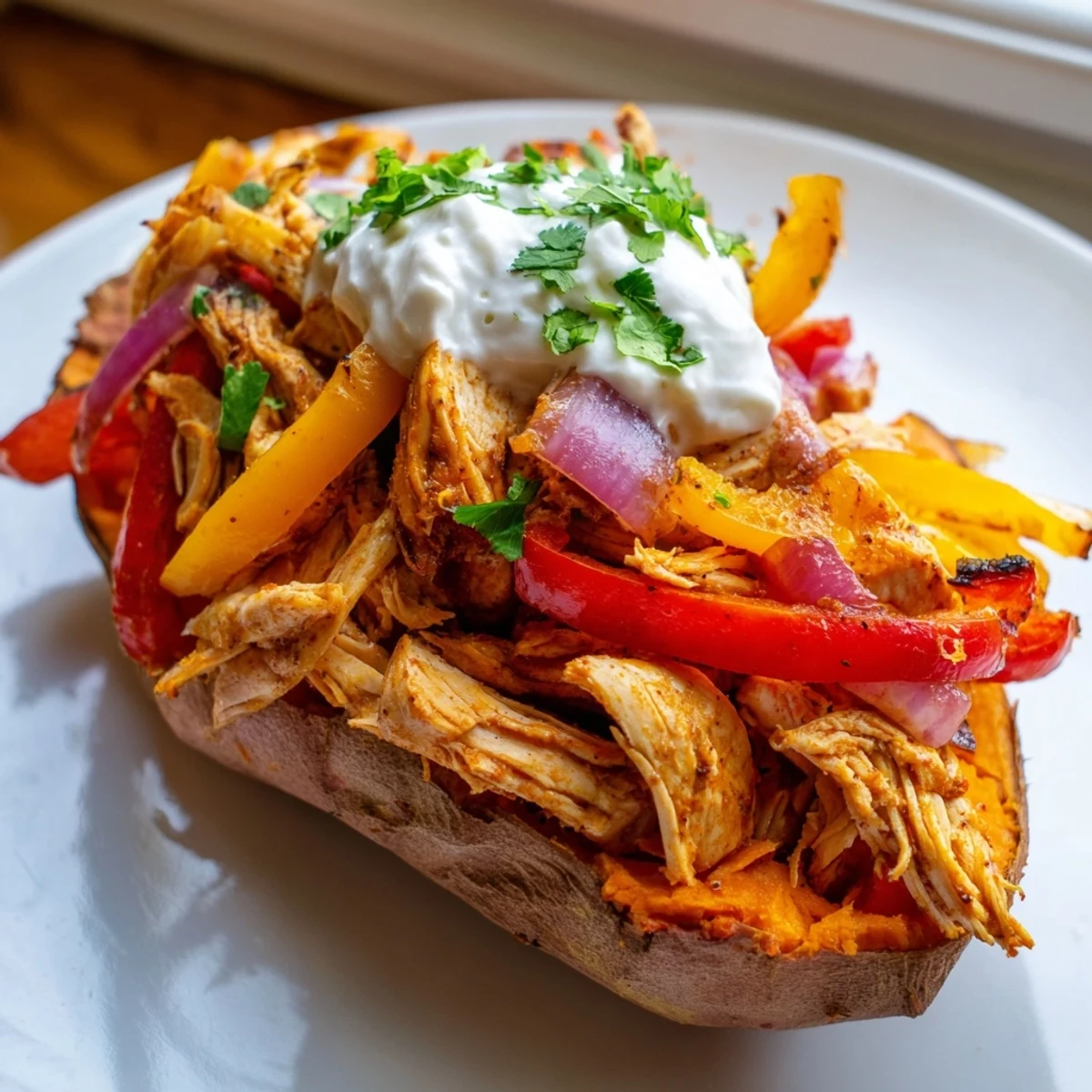 Golden-brown roasted sweet potatoes sliced open, generously stuffed with sizzling fajita-spiced chicken, bell peppers, and onions, ready to serve.