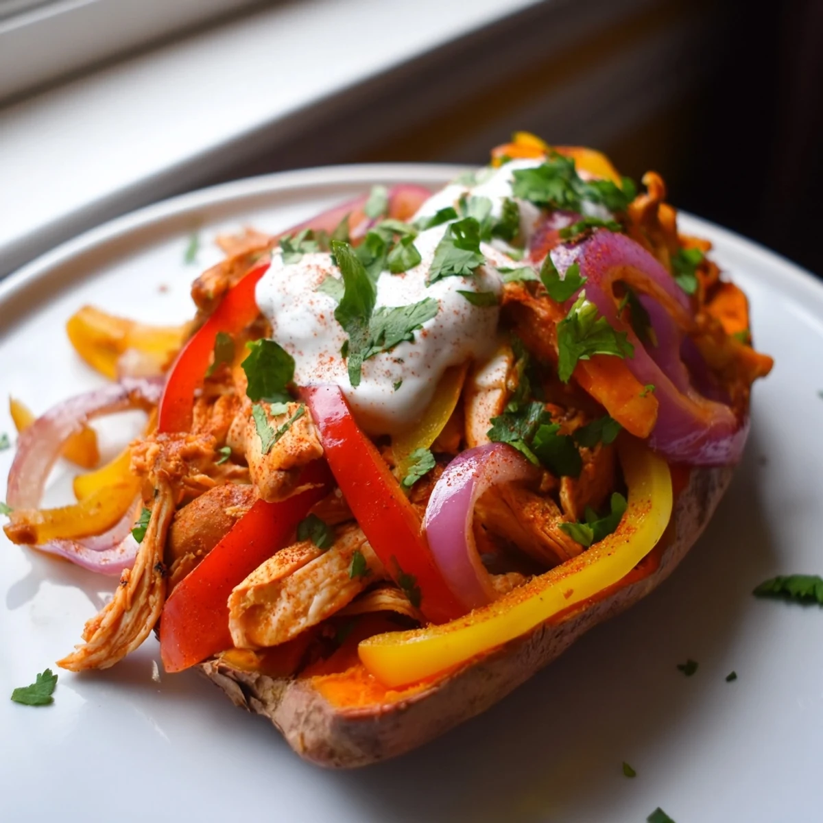 Hearty Tex-Mex Chicken Fajita Stuffed Sweet Potatoes garnished with cilantro, resting on a plate with lime wedges and a side of yogurt.