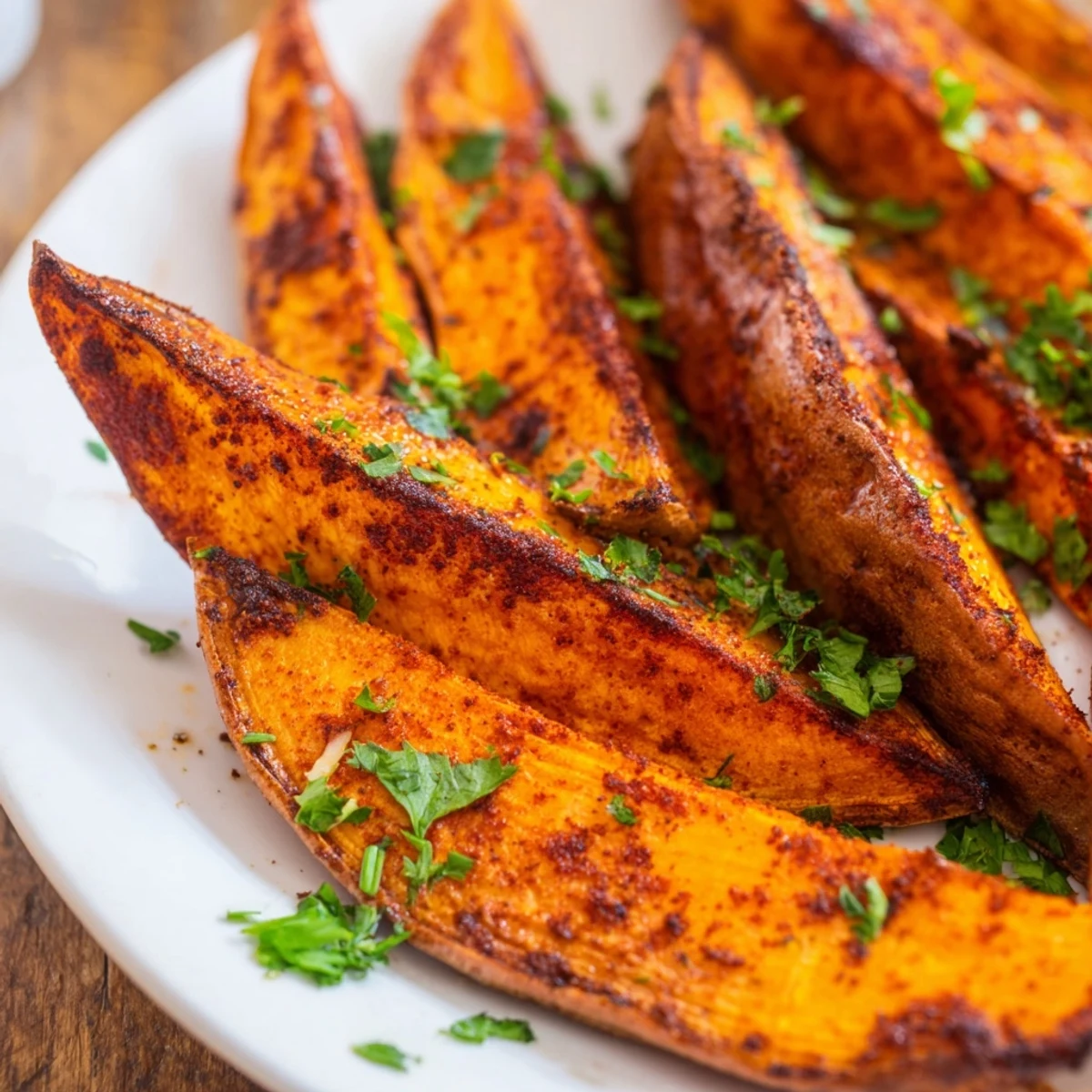 Baked sweet potato wedges with smoked paprika on parchment, glistening with olive oil and spices for vegan meals.