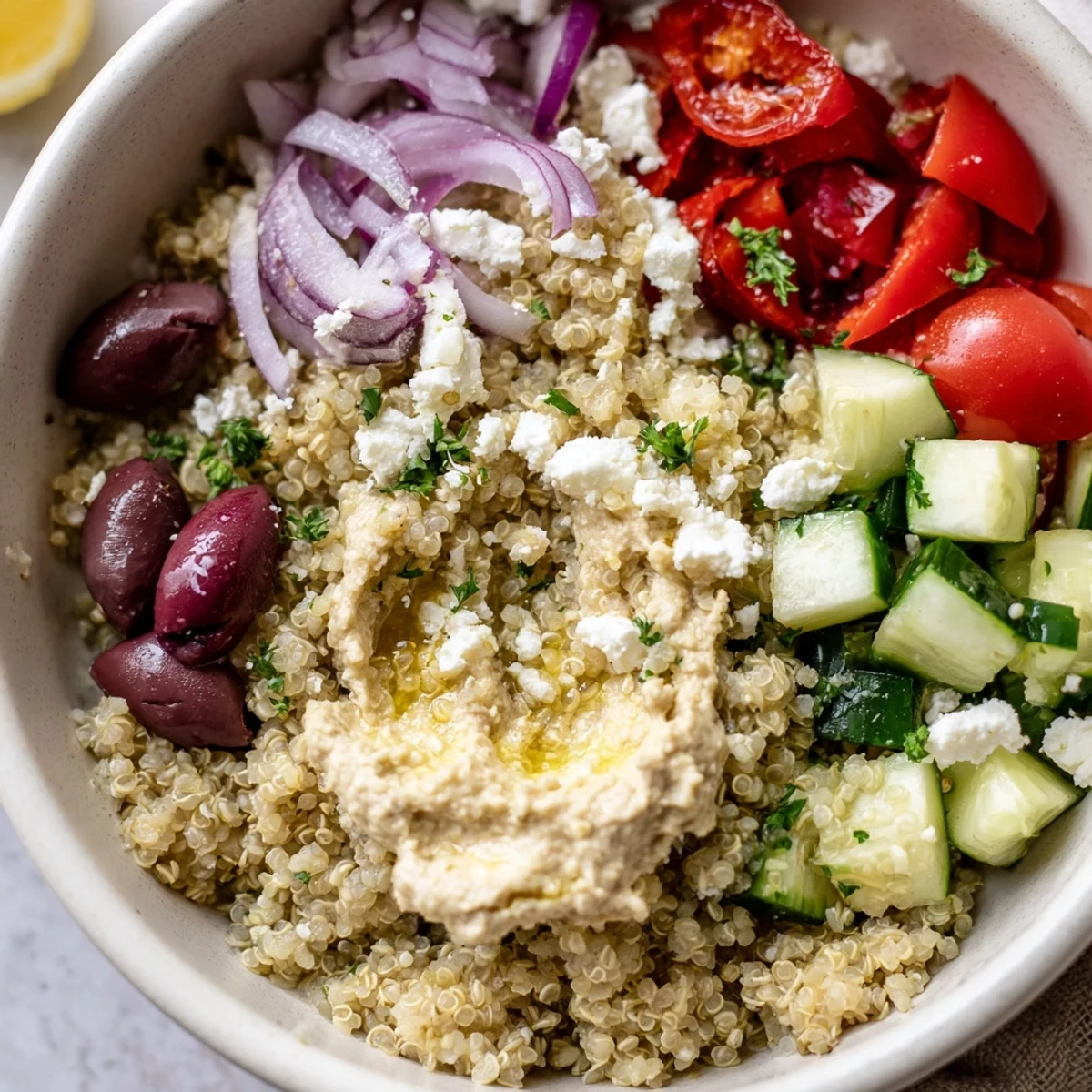 Mediterranean Quinoa Bowl with Hummus and Olives topped with feta and bright lemon dressing.