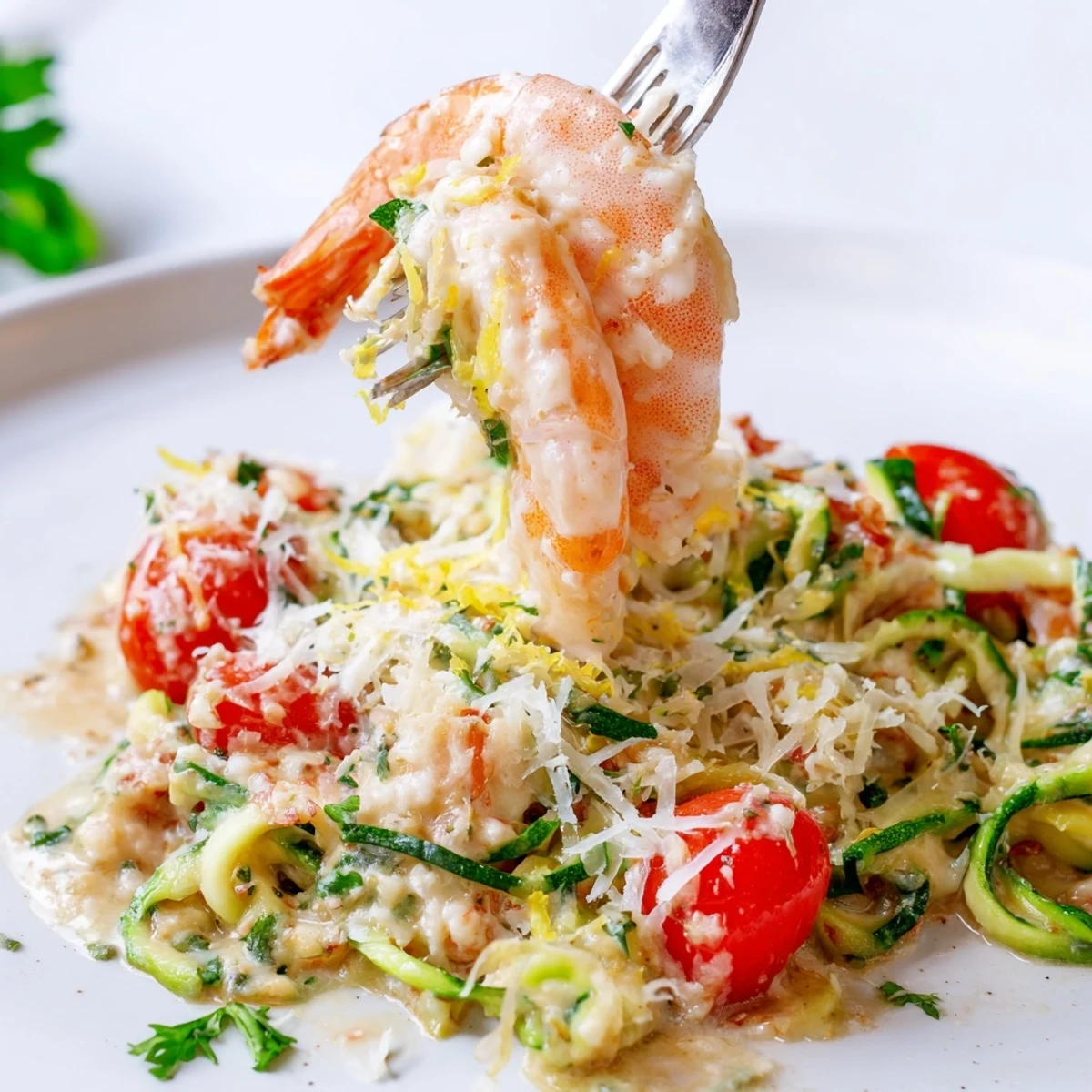 Fork-ready Creamy Garlic Shrimp with Zucchini Noodles featuring sautéed shrimp and spiralized zucchini in a creamy parmesan sauce.
