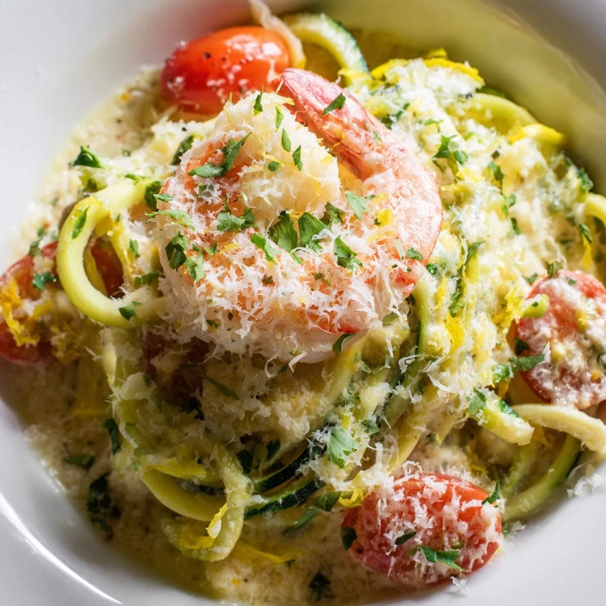 Overhead view of Creamy Garlic Shrimp with Zucchini Noodles in a skillet, garnished with red pepper flakes and cherry tomatoes.