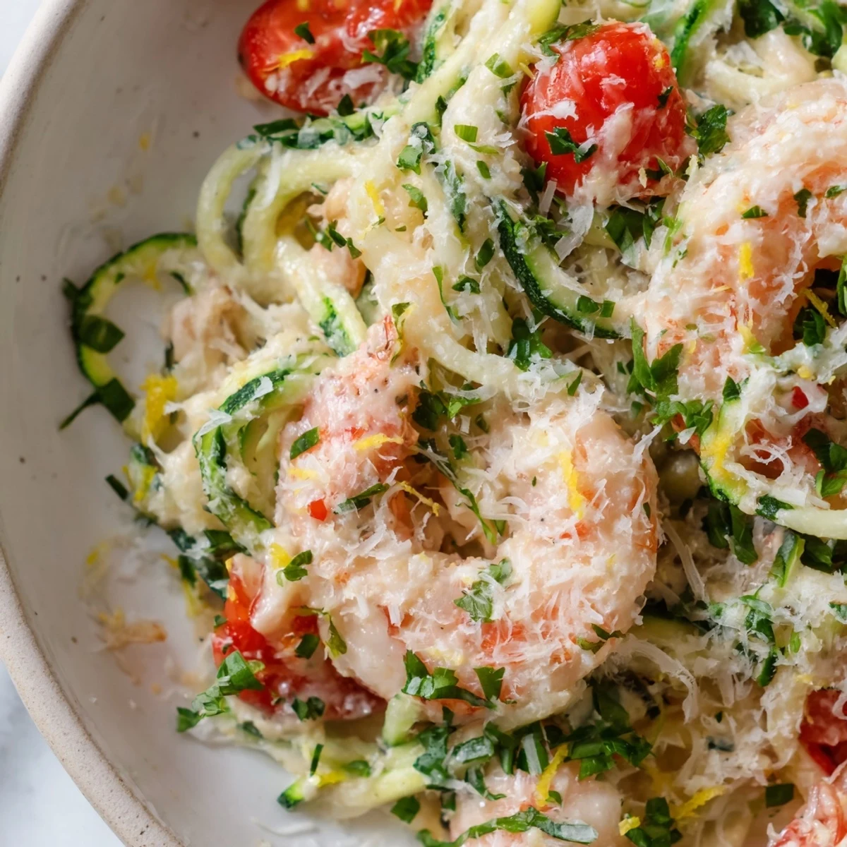 Creamy Garlic Shrimp with Zucchini Noodles piled high on a plate with a drizzle of rich garlic cream sauce and fresh parsley.