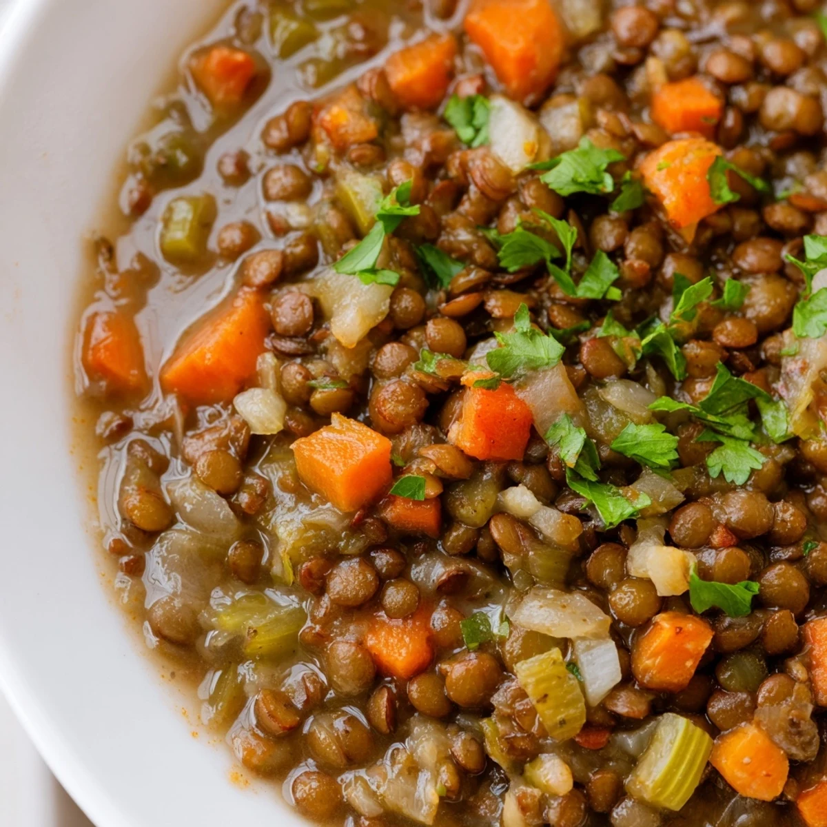 Close-up of Spicy Lentil Soup with Carrots and Celery in a white bowl, showing tender lentils and vibrant orange vegetable chunks.