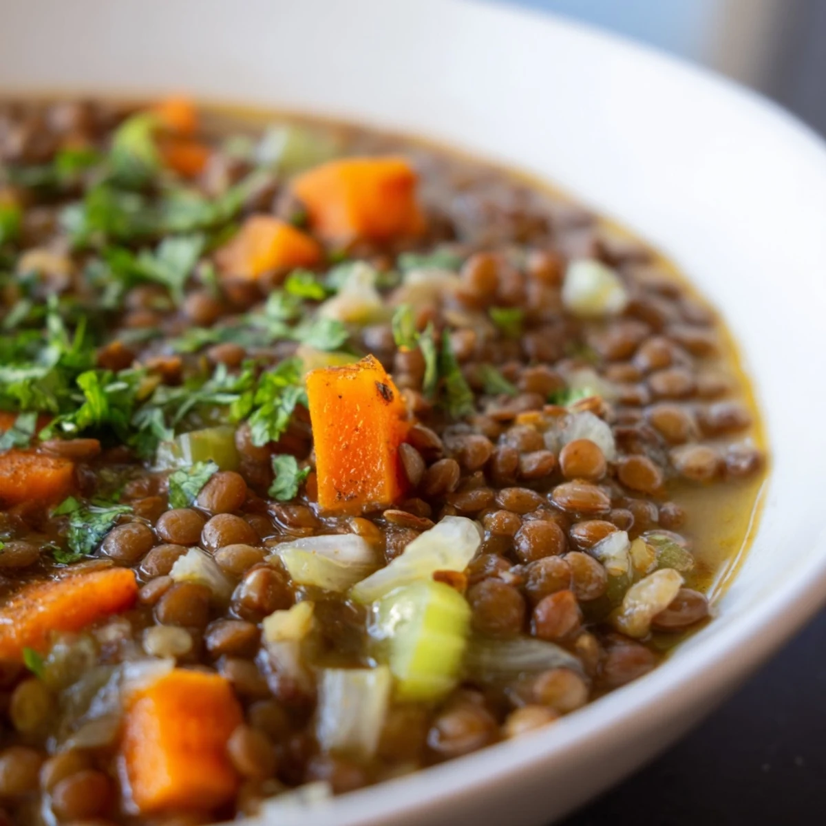 Steaming bowl of Spicy Lentil Soup with Carrots and Celery, garnished with fresh parsley and lemon wedges on a rustic table.