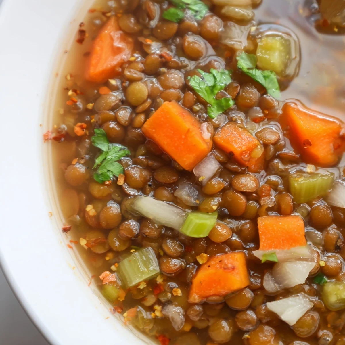 Spicy Lentil Soup with Carrots and Celery served hot with a slice of crusty bread, perfect for a comforting vegan dinner.