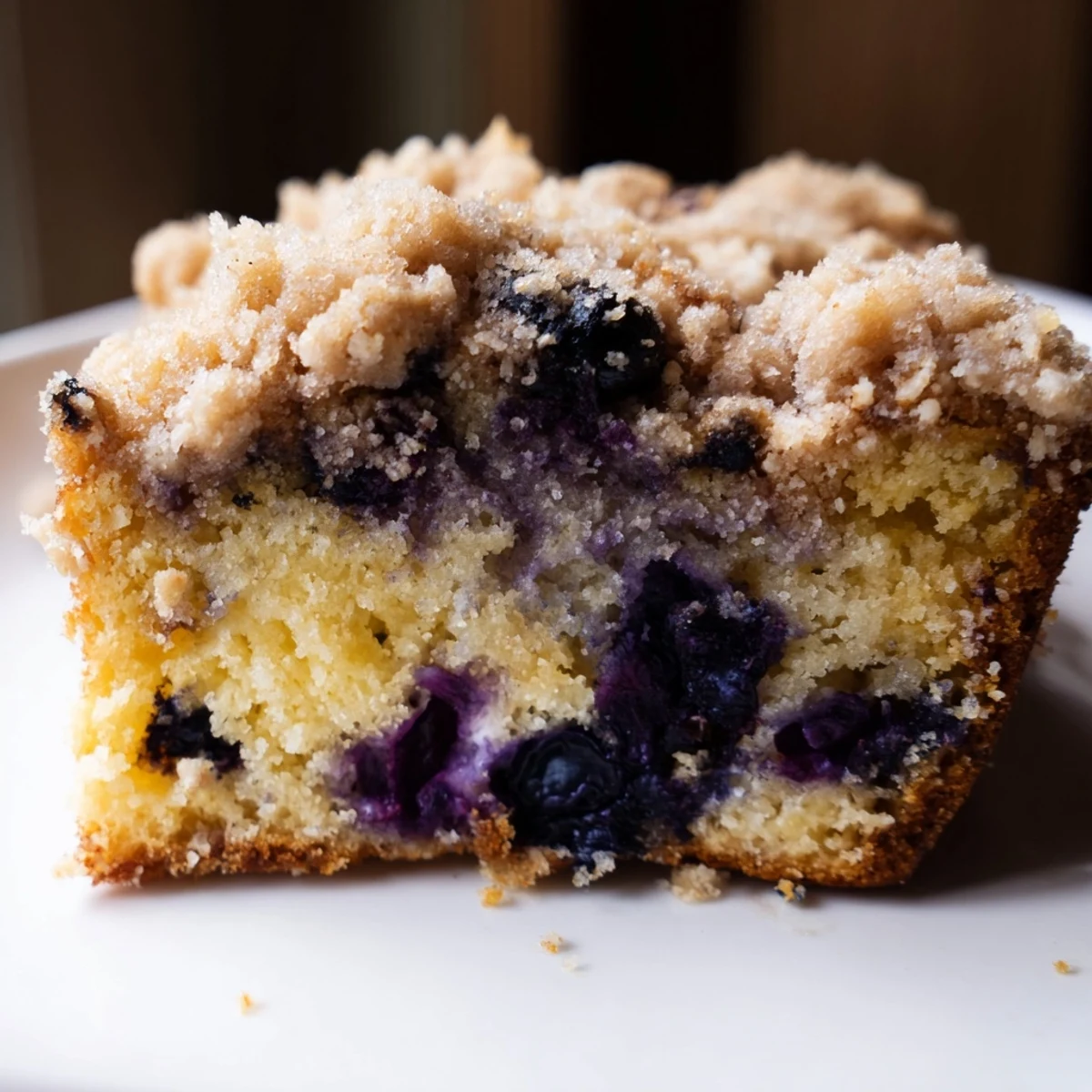 Freshly baked Lemon Blueberry Bread with streusel topping, showing golden crumb and juicy blueberries on a marble counter.