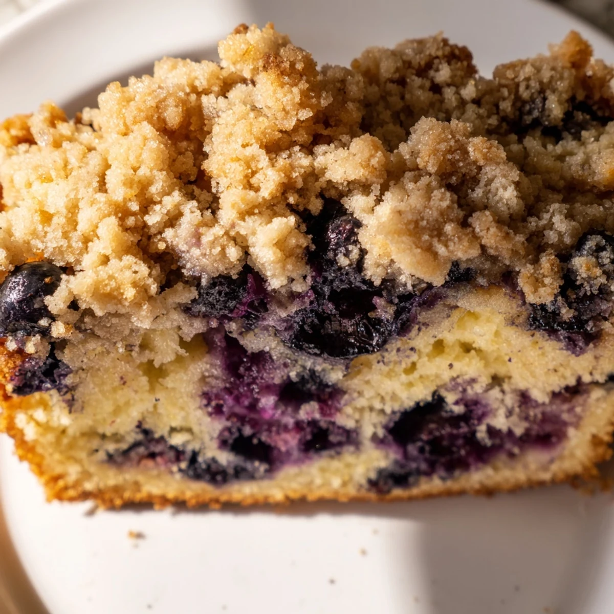 A moist slice of Lemon Blueberry Bread with streusel on a plate, served near fresh berries and a glass of milk.