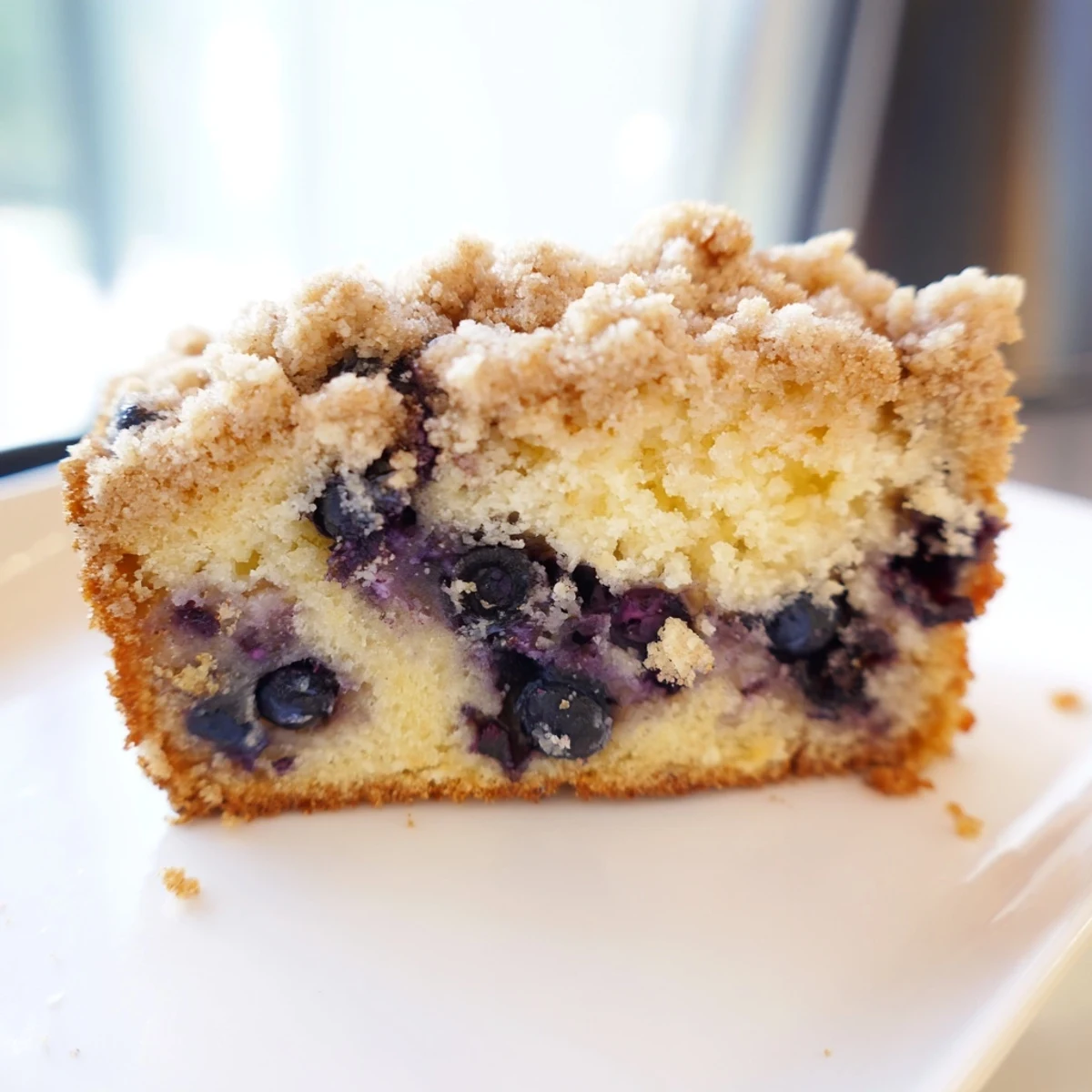 Close-up of Lemon Blueberry Bread with buttery streusel, bursting with blueberries and lemon zest in a rustic kitchen setting.