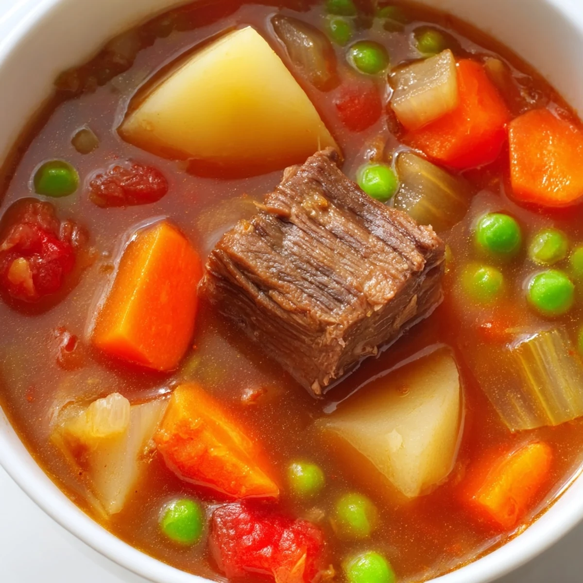 Hearty Beef Vegetable Soup with Potatoes and Peas simmering in a large pot, filled with tender beef chunks, carrots, celery, and fresh herbs in a rich broth.