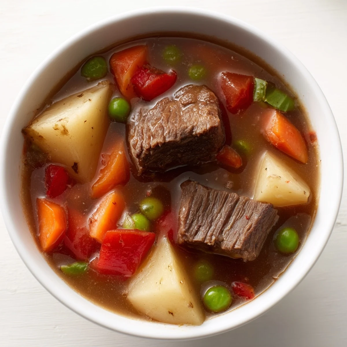 A close-up of a white bowl filled with hot Beef Vegetable Soup with Potatoes and Peas, featuring vibrant green peas and diced potatoes, ready to be enjoyed.
