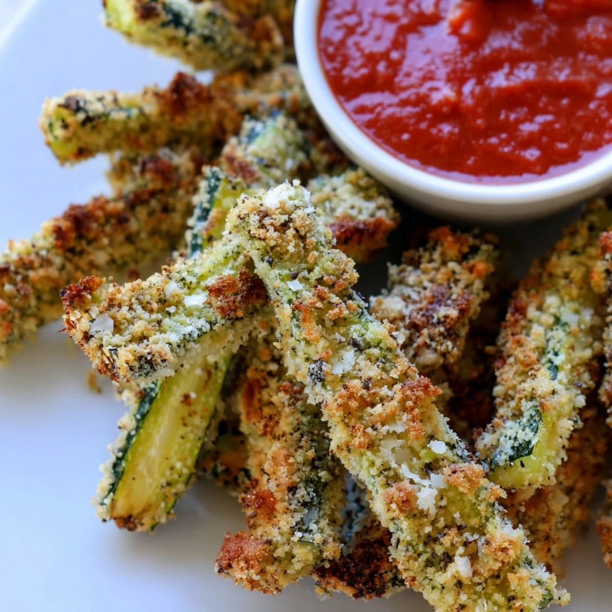 Golden-brown Baked Zucchini Fries with Marinara Dipping Sauce arranged on a rustic plate.