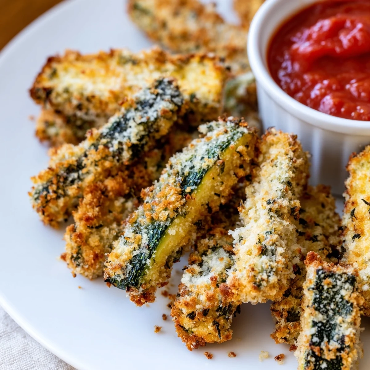 Crisp, homemade Baked Zucchini Fries with Marinara Dipping Sauce served hot from the oven.