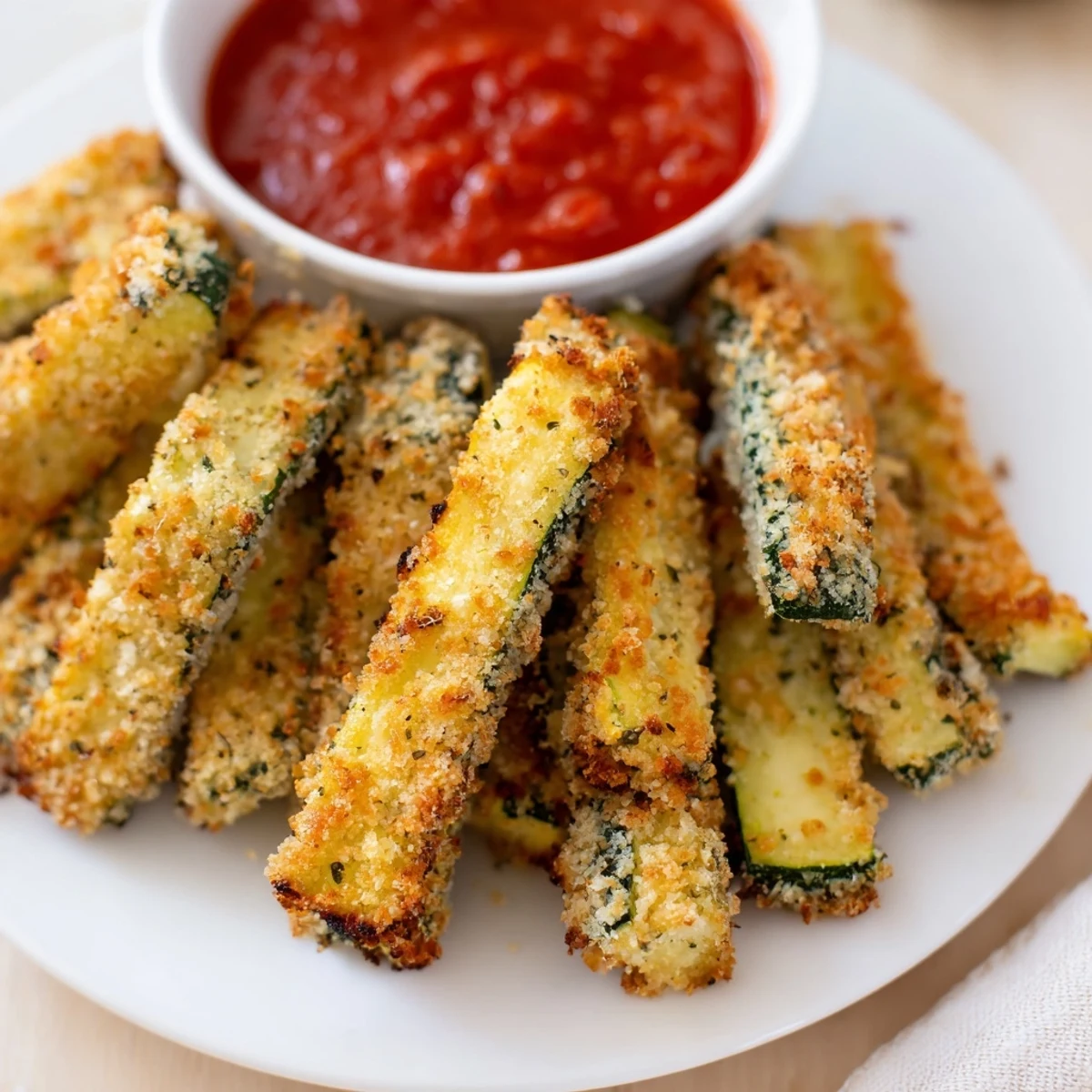 Cheesy, crunchy Baked Zucchini Fries with Marinara Dipping Sauce stacked on a wooden board.