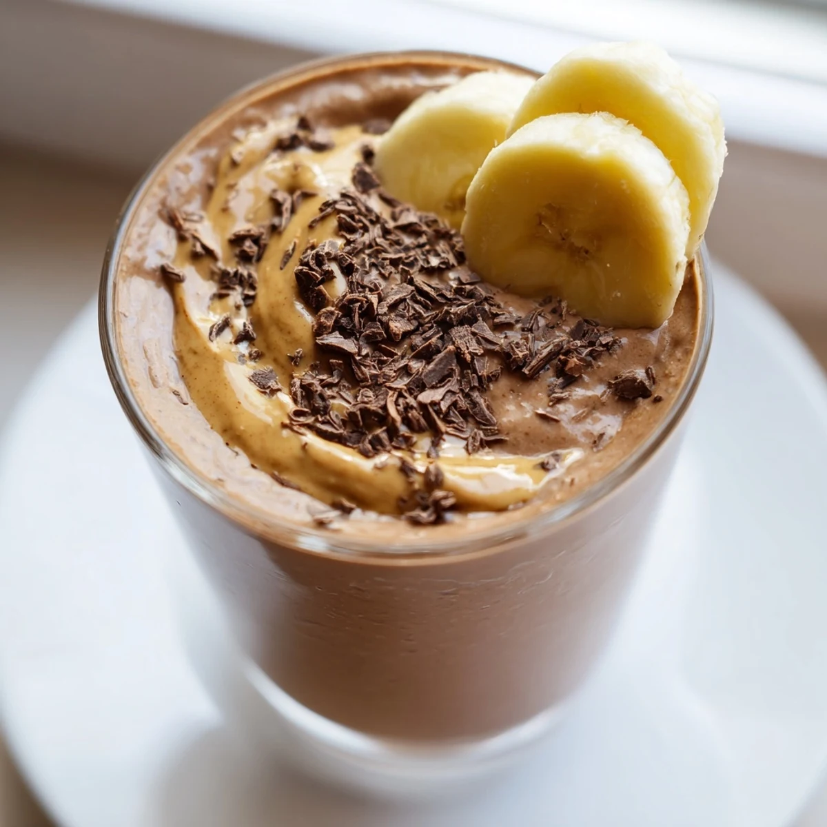 Creamy Chocolate Peanut Butter Smoothie with Banana poured into two tall glasses, topped with sliced banana and chocolate shavings.