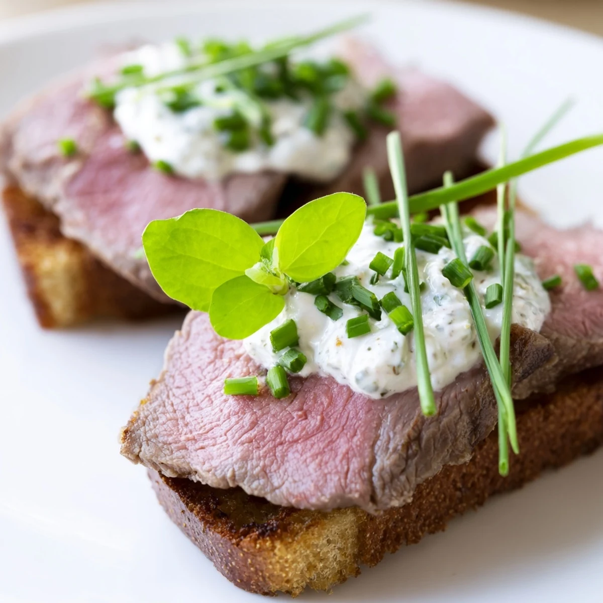 Close-up of a Beef Toast Point appetizer featuring tender meat, smooth sauce, and a touch of peppery arugula garnish.