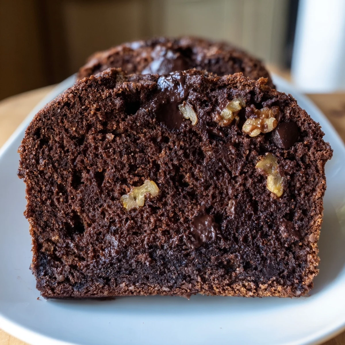 A thick slice of chocolate banana bread reveals moist crumb and melted chocolate chips on a rustic plate.