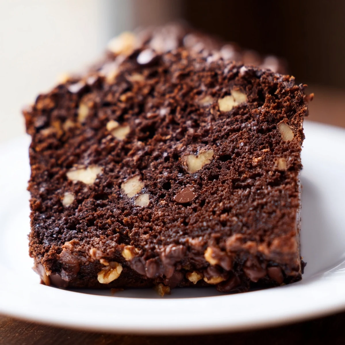 Warm chocolate banana bread loaf rests on a wooden board, topped with chopped walnuts for extra crunch.