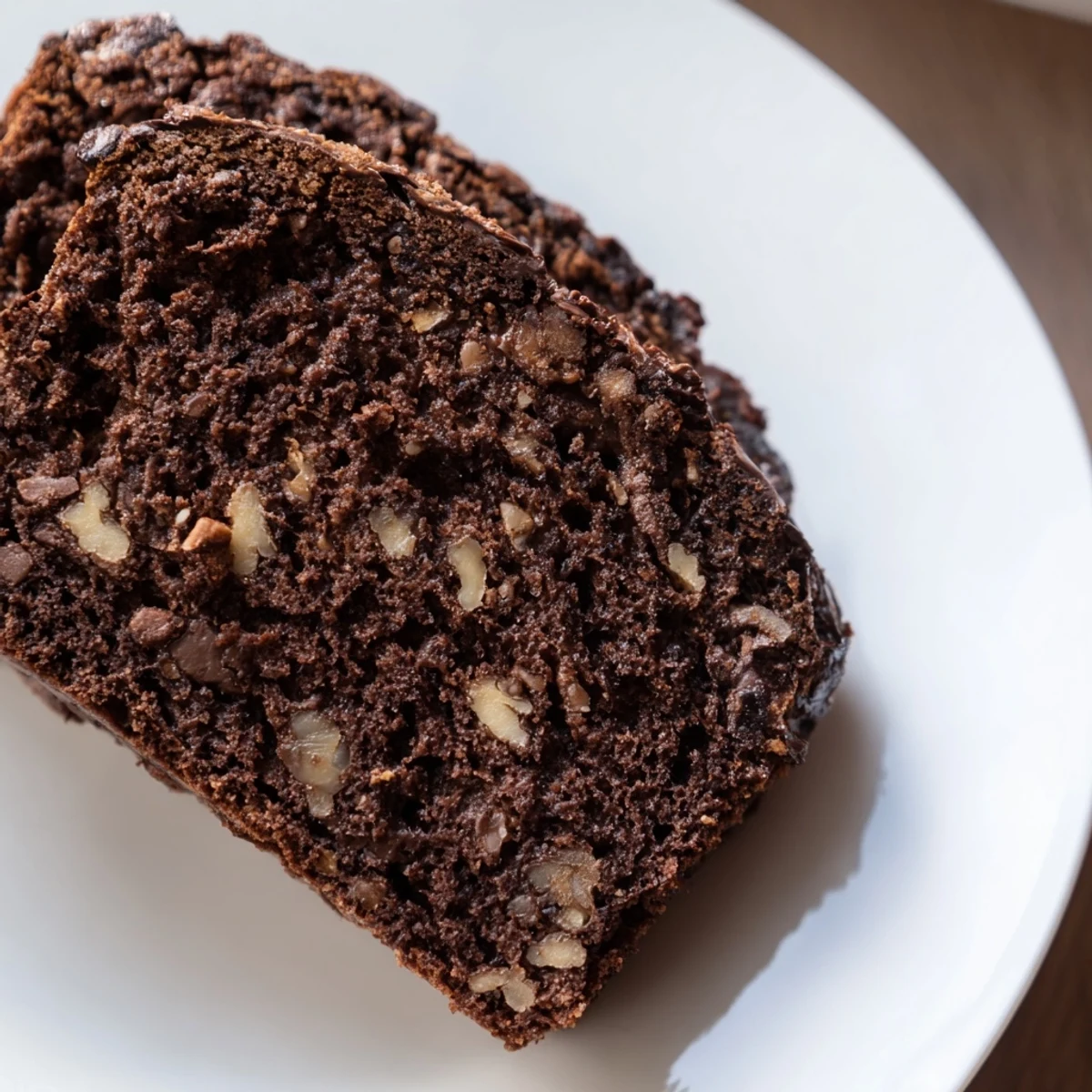 Homemade chocolate banana bread loaf sits sliced on a white plate with a glass of milk.