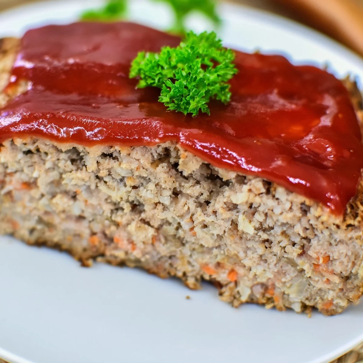 Close-up of a golden-brown Turkey Loaf slice, revealing moist interior with visible carrots and herbs, served on a rustic wooden board.