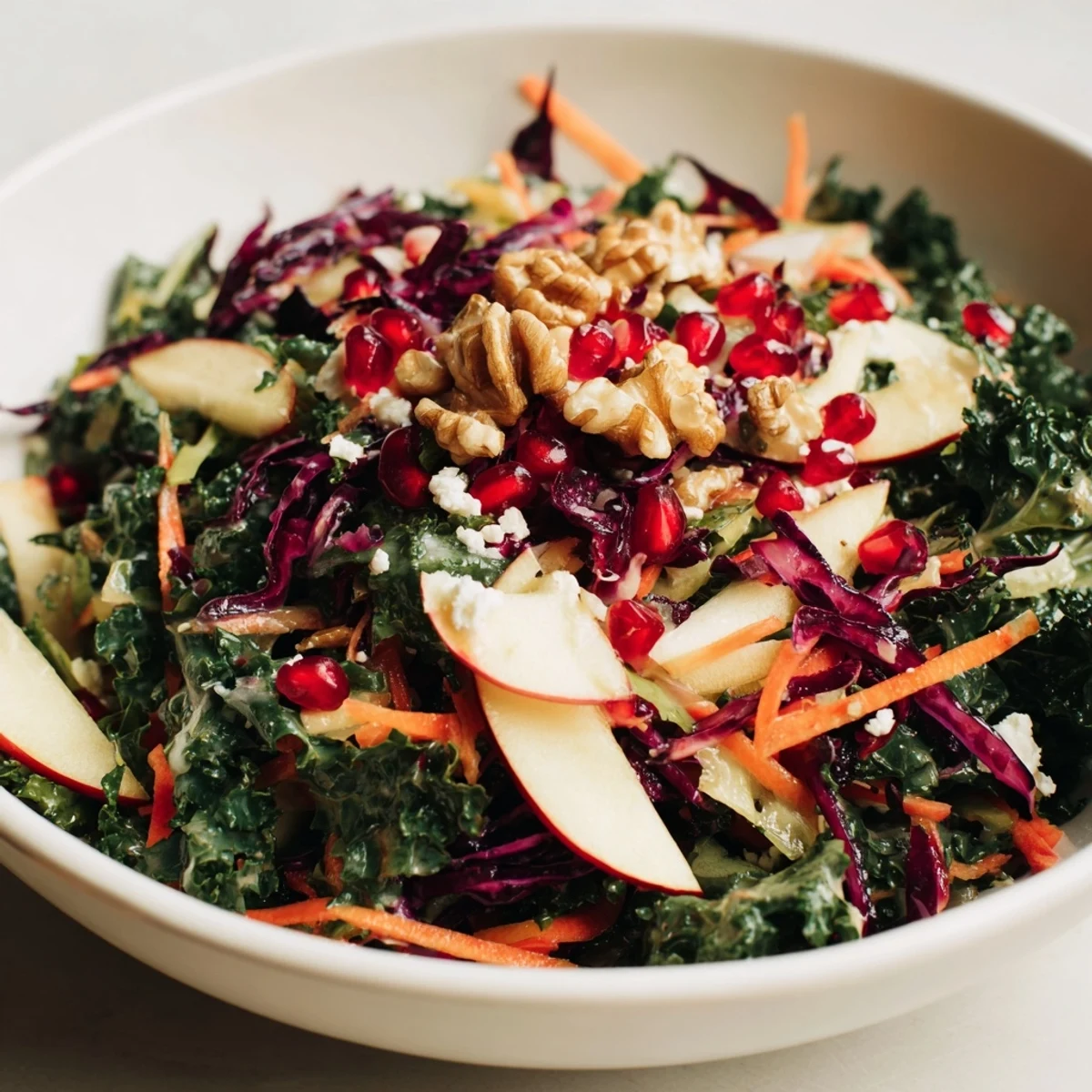 Winter Salad Mix tossed in a light vinaigrette and garnished with crunchy walnuts on a wooden table.