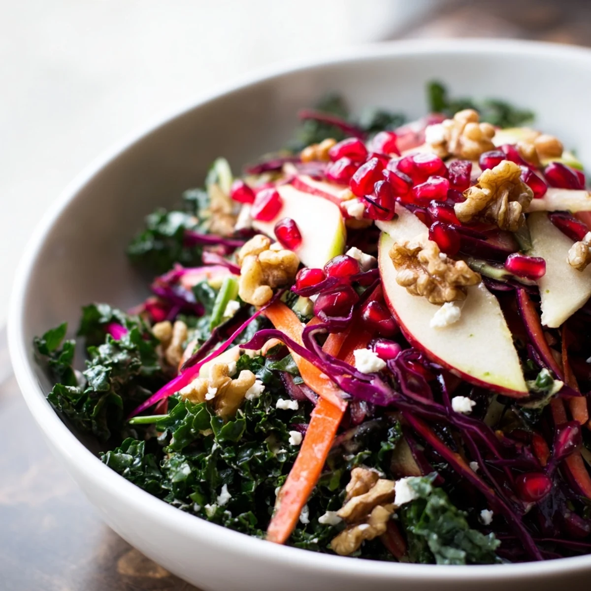 Bright bowl of Winter Salad Mix featuring crisp apple slices and carrots, ideal for a healthy vegetarian side.