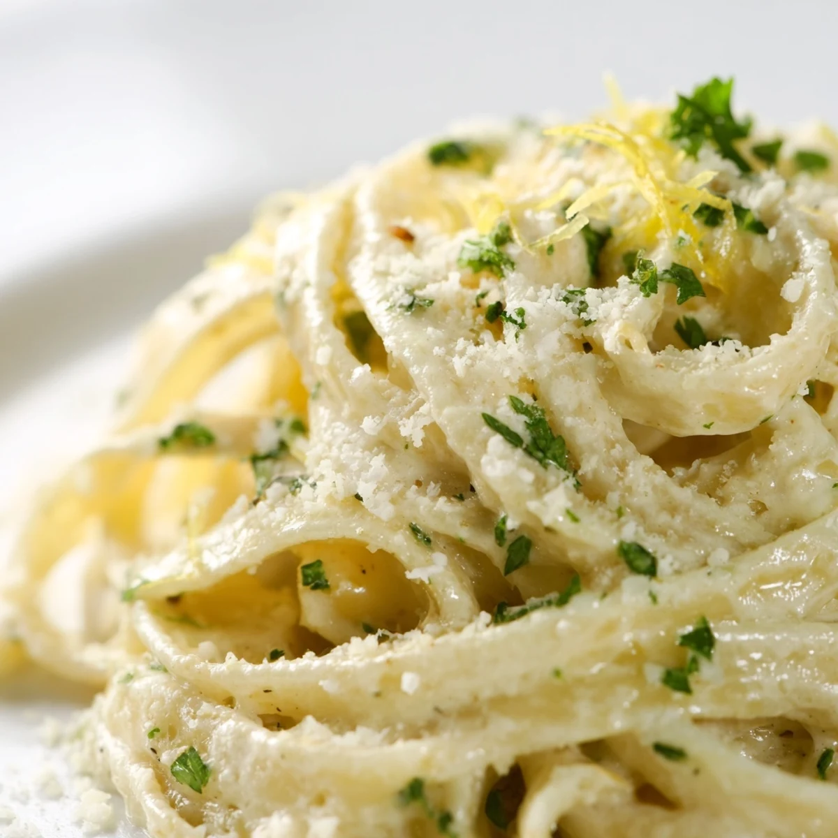 Creamy Sauce over Pasta twirls in a skillet, steam rising from velvety sauce clinging to fettuccine. Served in a white bowl topped with fresh parsley and grated Parmesan. An Italian-style vegetarian main dish recipe.