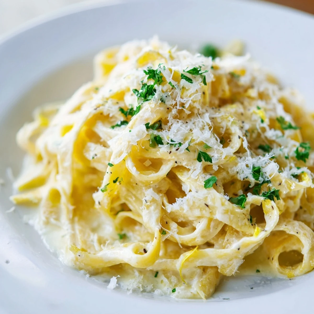 Creamy Sauce over Pasta glistens in a white bowl, garnished with lemon zest and parsley. The silky sauce coats each noodle, inviting a comforting vegetarian dinner. Perfectly cooked pasta paired with a rich, cheesy cream sauce.