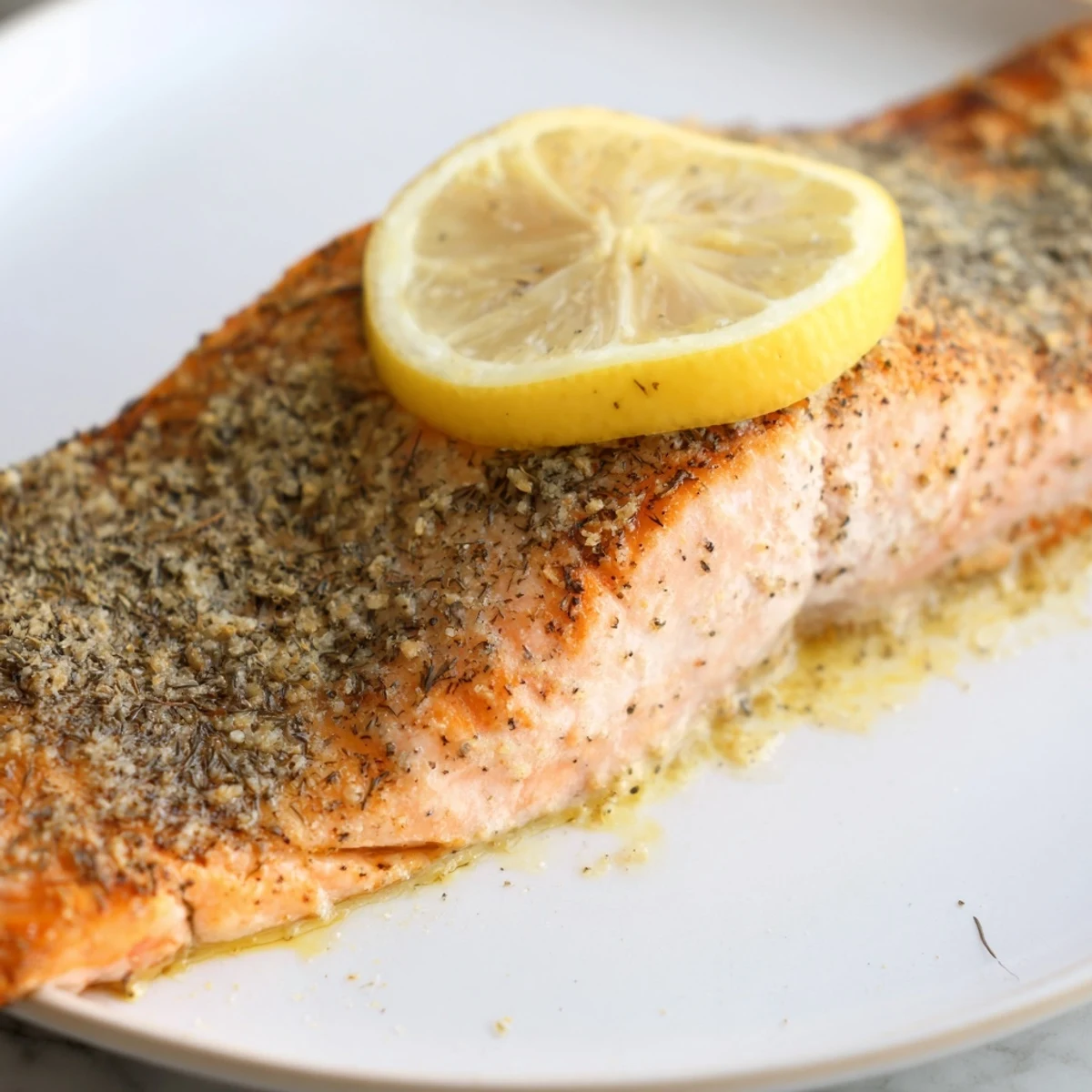 Tender baked salmon fillet with fresh lemon slices and dill on a baking sheet, ready to serve.