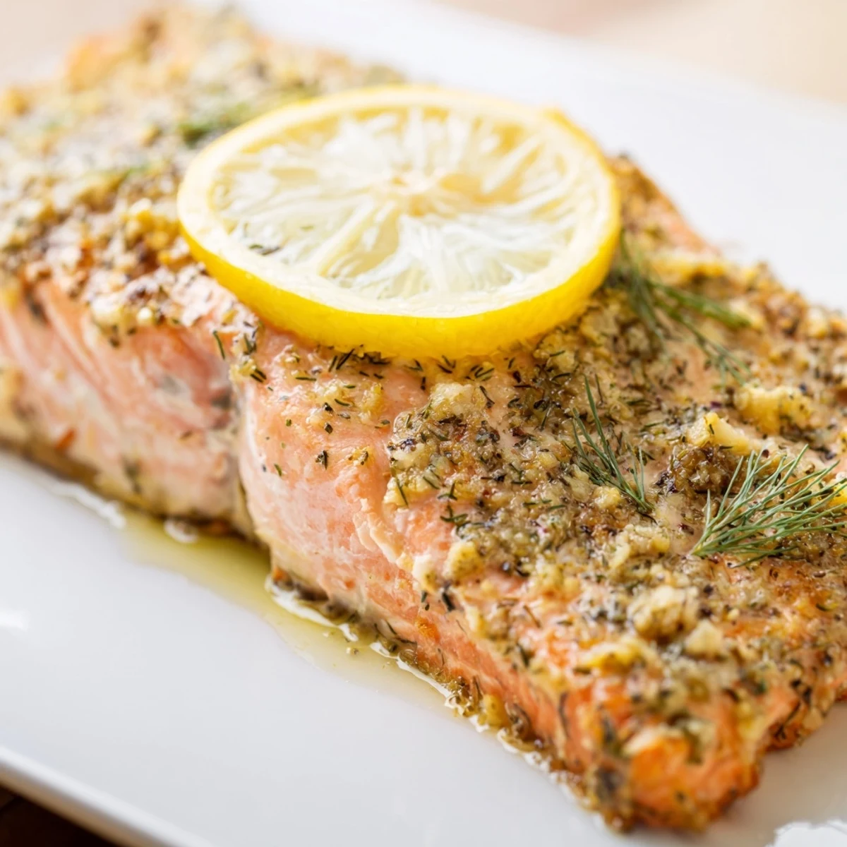 Perfectly cooked, flaky salmon fillet garnished with fresh dill, paired with a crisp green salad.