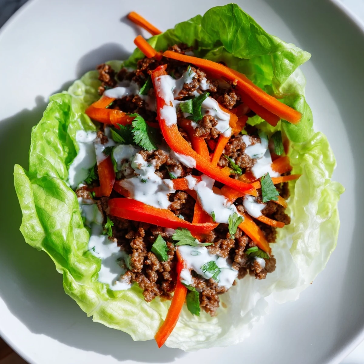 Freshly cooked ground beef with cumin and paprika filling crisp butter lettuce wraps topped with colorful veggies.