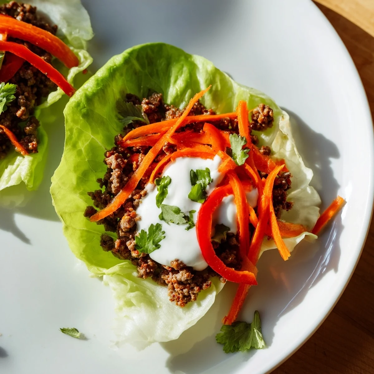 Crisp Beef Wrap with Lettuce served on a white plate with lime yogurt sauce drizzled over the top.