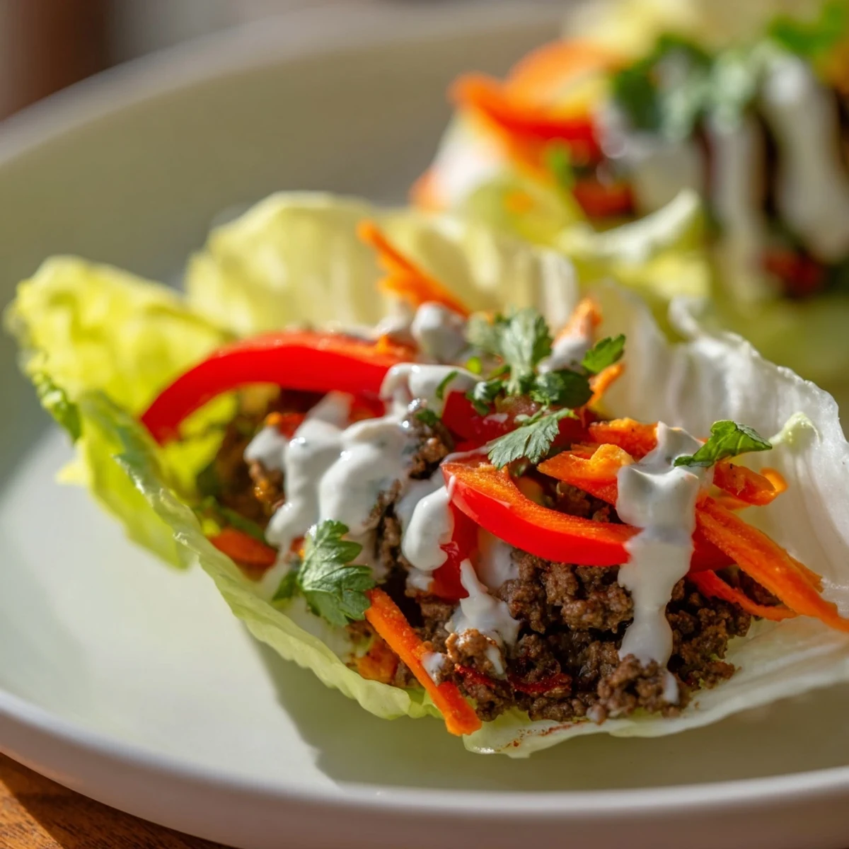 Easy gluten-free Beef Wrap with Lettuce filled with seasoned beef, crunchy vegetables, and a tangy lime yogurt drizzle.