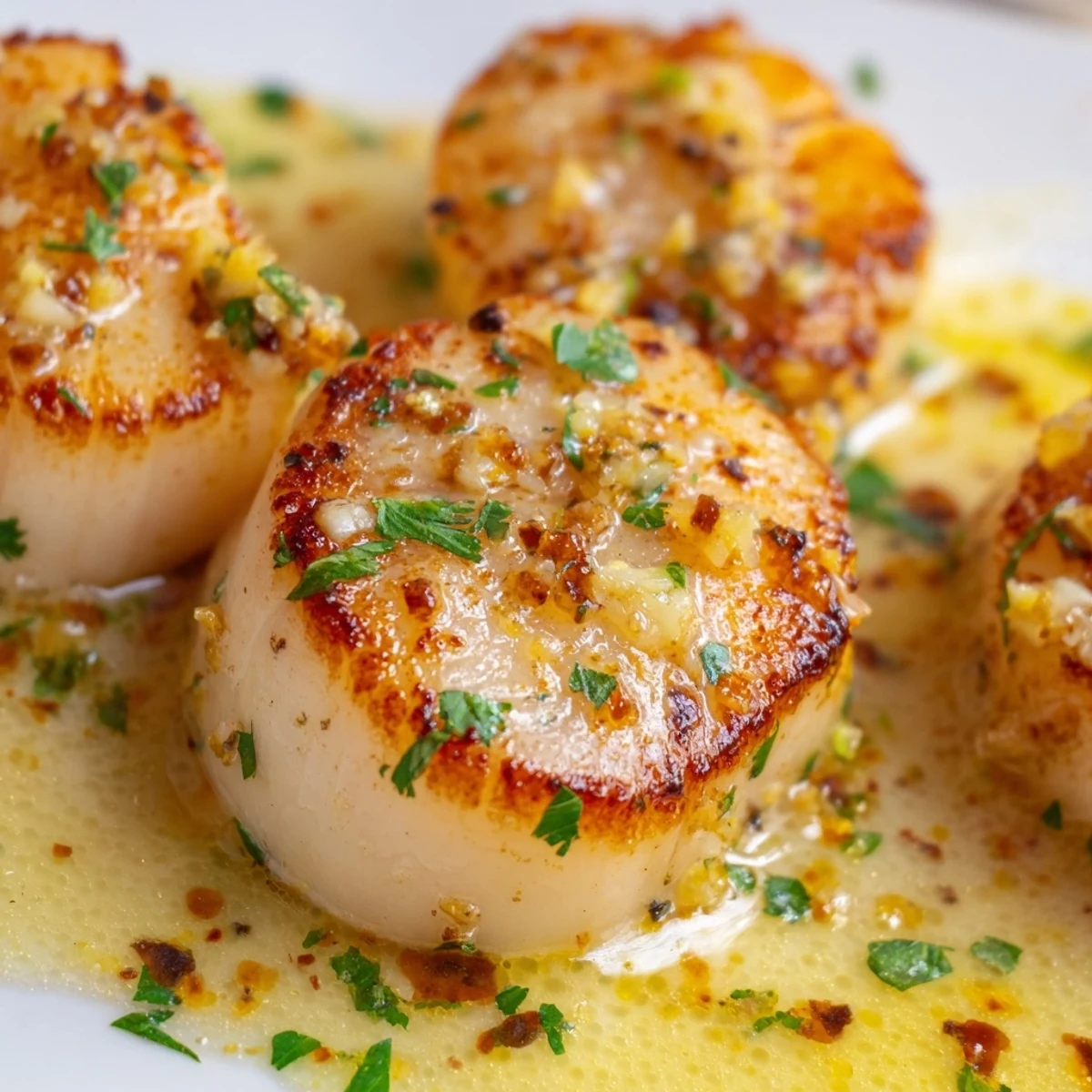 Golden-brown Lemon Garlic Seared Scallops resting in a zesty butter sauce on a white plate.
