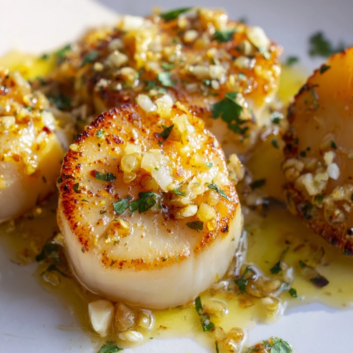 Freshly cooked Lemon Garlic Seared Scallops garnished with parsley and lemon wedges on a rustic table.