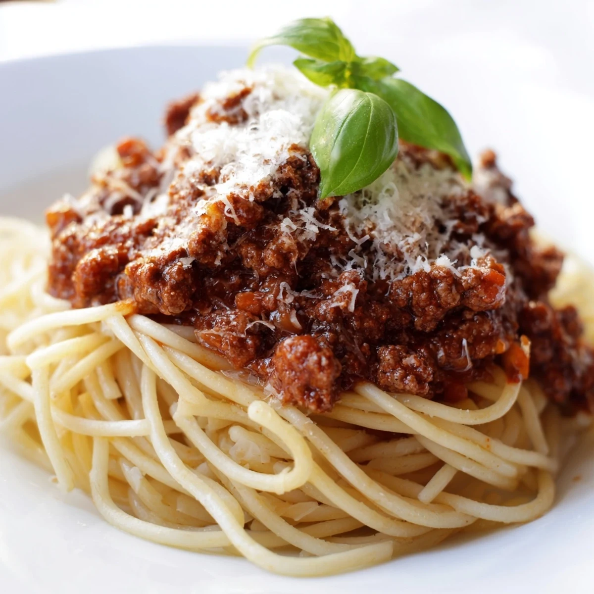 Close-up of hearty Beef Bolognese with Spaghetti in a white bowl, topped with melted Parmesan and basil.