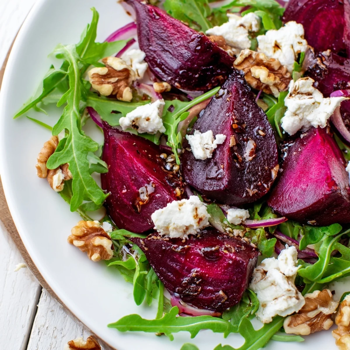 Fresh arugula leaves tossed with sweet roasted beets, toasted walnuts, and red onion slices, served as a colorful gluten-free salad.